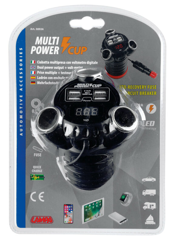 Multi-Power Cup, 3 prese accendisigari + 4 USB e voltmetro, 12/24/36V - immagine 4