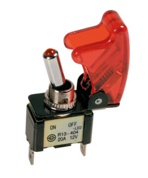 Interruttore a leva con sicura, in alluminio con spia a Led -  12/24V - Rosso -  20A
