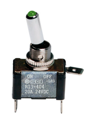 Interruttore a leva, in alluminio con spia a Led -  12/24V - Verde -   20A