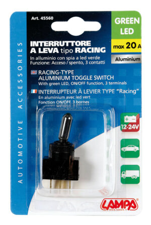 Interruttore a leva tipo Racing, in alluminio con spia a Led -  12/24V - Verde -   20A - immagine 3