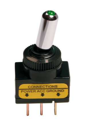 Interruttore a leva tipo Racing, in alluminio con spia a Led -  12/24V - Verde -   20A