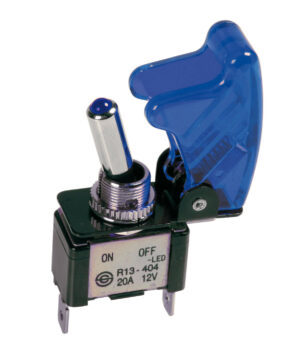 Interruttore a leva con sicura, in alluminio con spia a Led -  12/24V - Blu -   20A