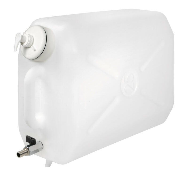 Tanica in plastica, con rubinetto in metallo e dispenser porta sapone - 25 L
