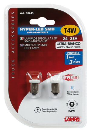 24/28V Led Series - 1 SMD x 3 chips - (T4W) - BA9s - 2 pz  - D/Blister - Bianco - Doppia polarità - immagine 4