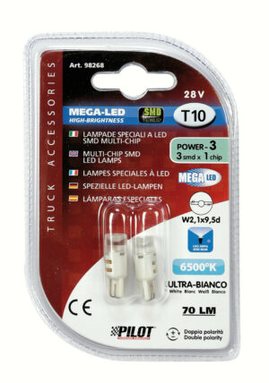 24/28V Mega-Led 3 - 3 SMD x 1 chip - (T10) - W2,1x9,5d - 2 pz  - D/Blister - Bianco - Doppia polarità - immagine 3